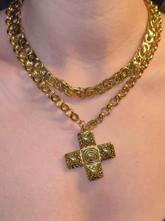 18K Real Gold Gothic Cross Choker Set