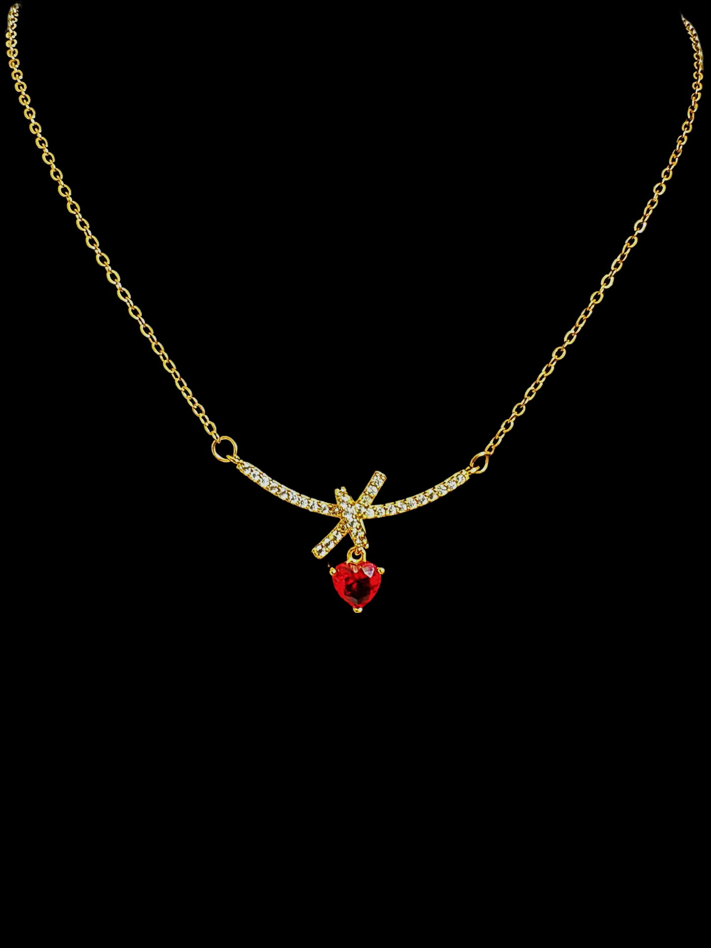 18K Real Gold Heart-shaped Red Gem Necklace