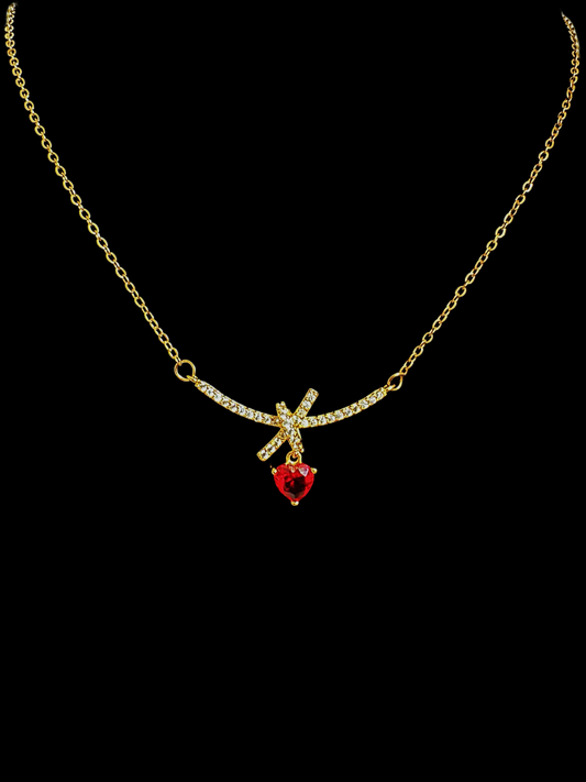 18K Real Gold Heart-shaped Red Gem Necklace