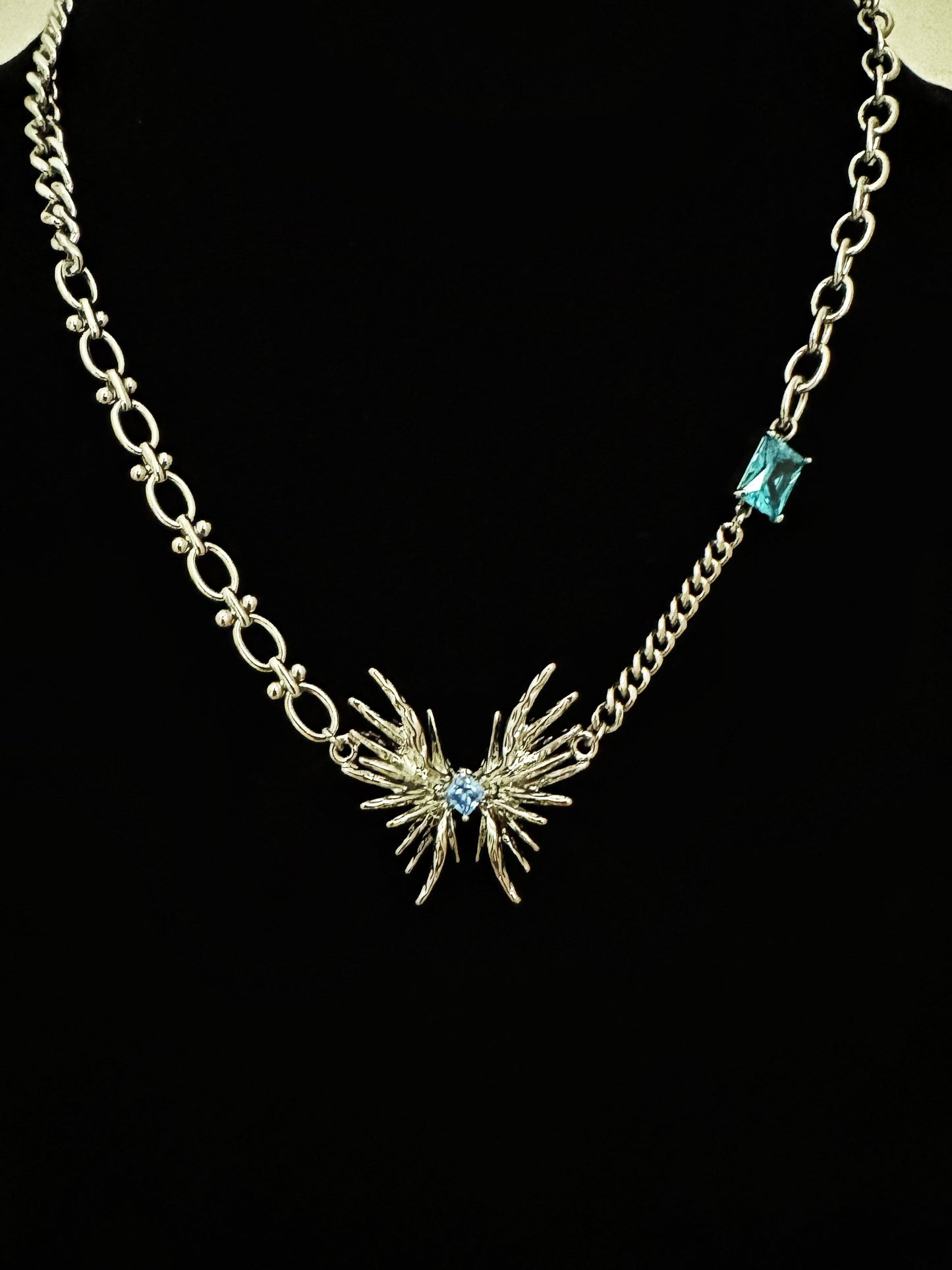 Platinum Plated Blue Gem Butterfly Necklace