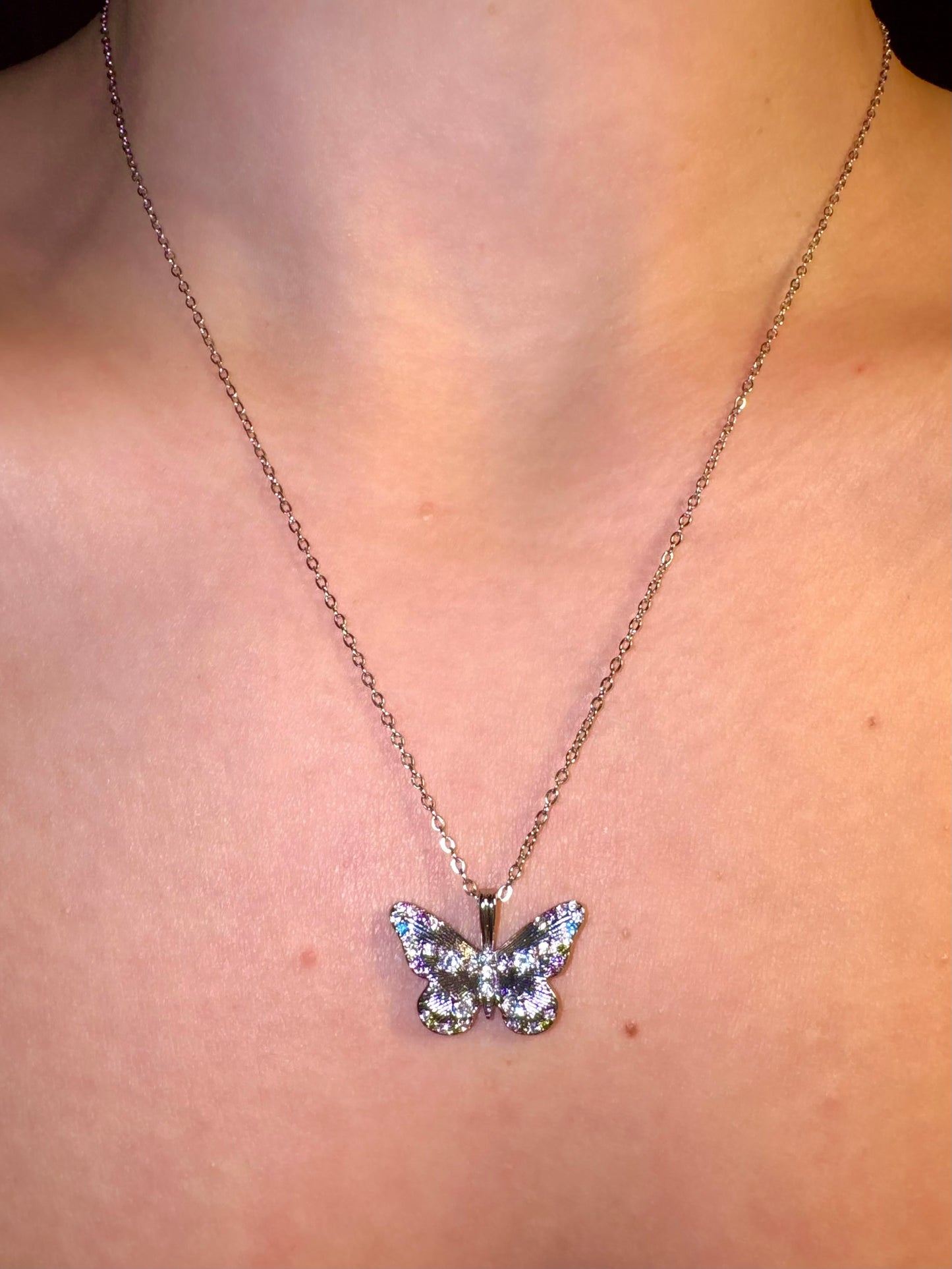 Platinum Plated Vermeil Gem Butterfly Pendant Necklace