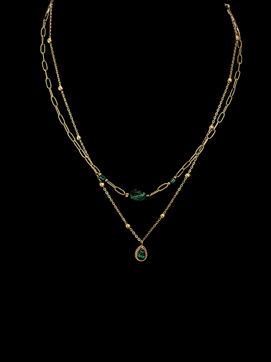 18K Gold Double Layered Emerald Necklace