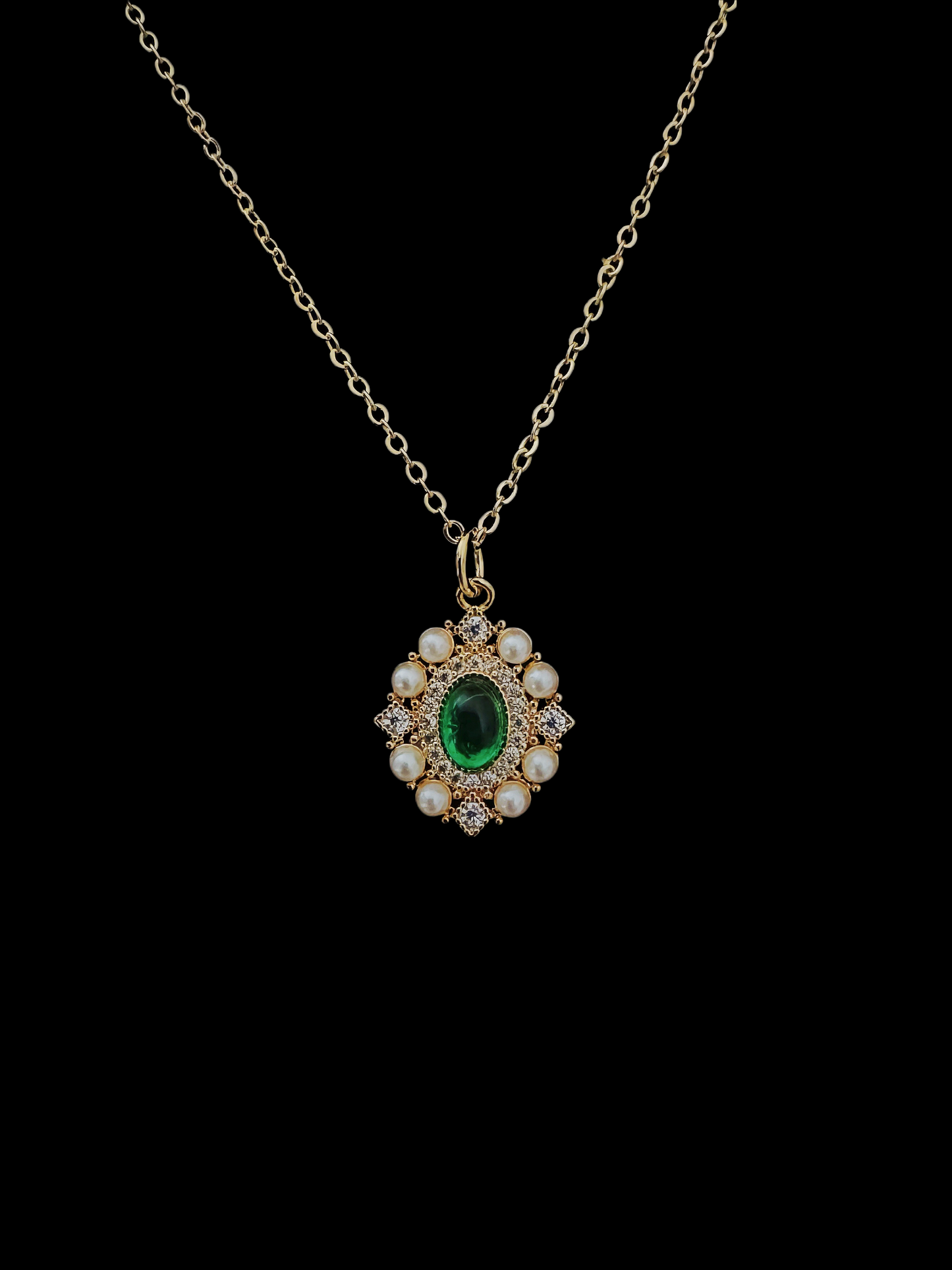 Vintage 18K Real Gold Plated Emerald Pearl Dainty Pendant Necklace