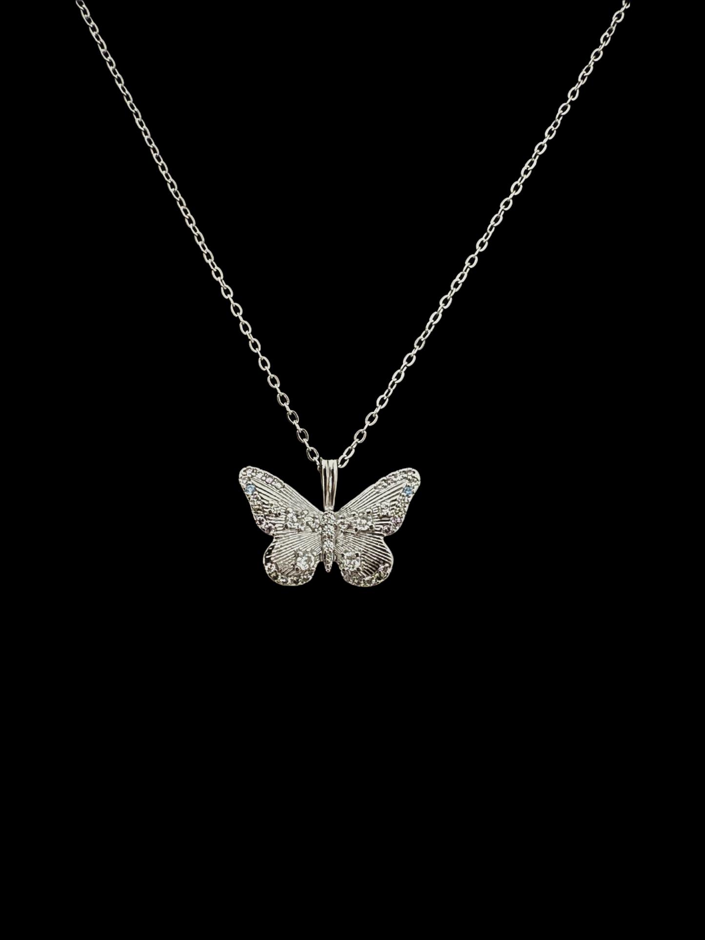 Platinum Plated Vermeil Gem Butterfly Pendant Necklace