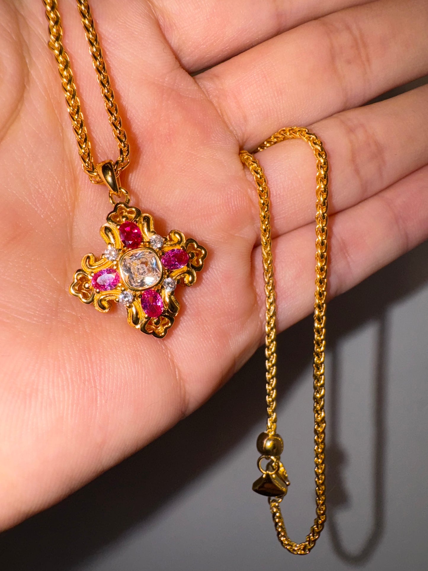 Vintage Ruby Diamond Cross Pendant Necklace