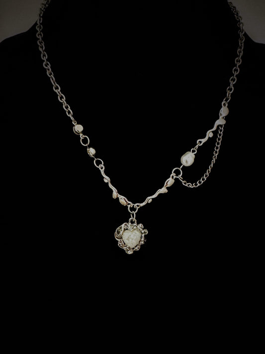 White Opal Heart with Pearl Necklace