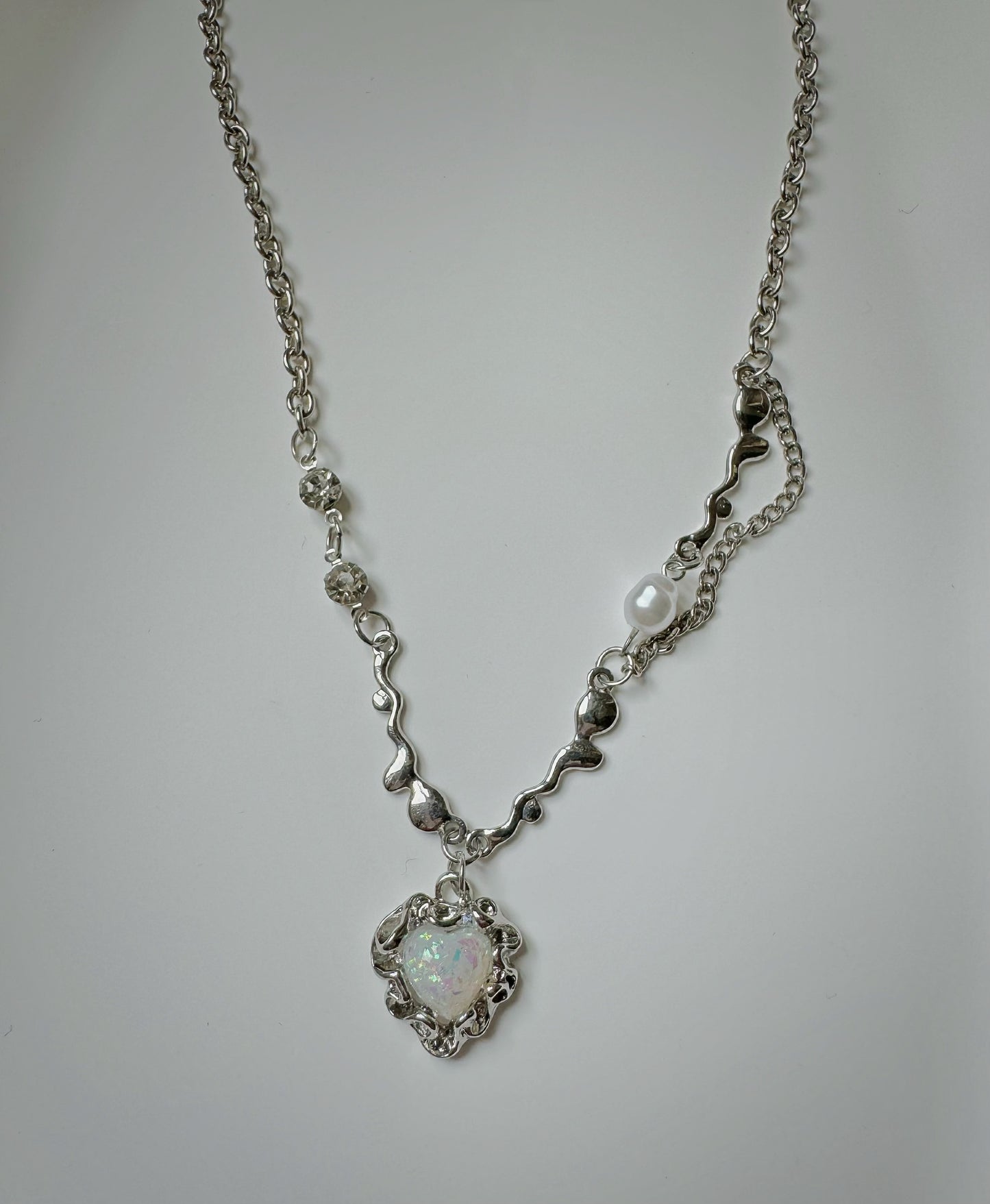 White Opal Heart with Pearl Necklace