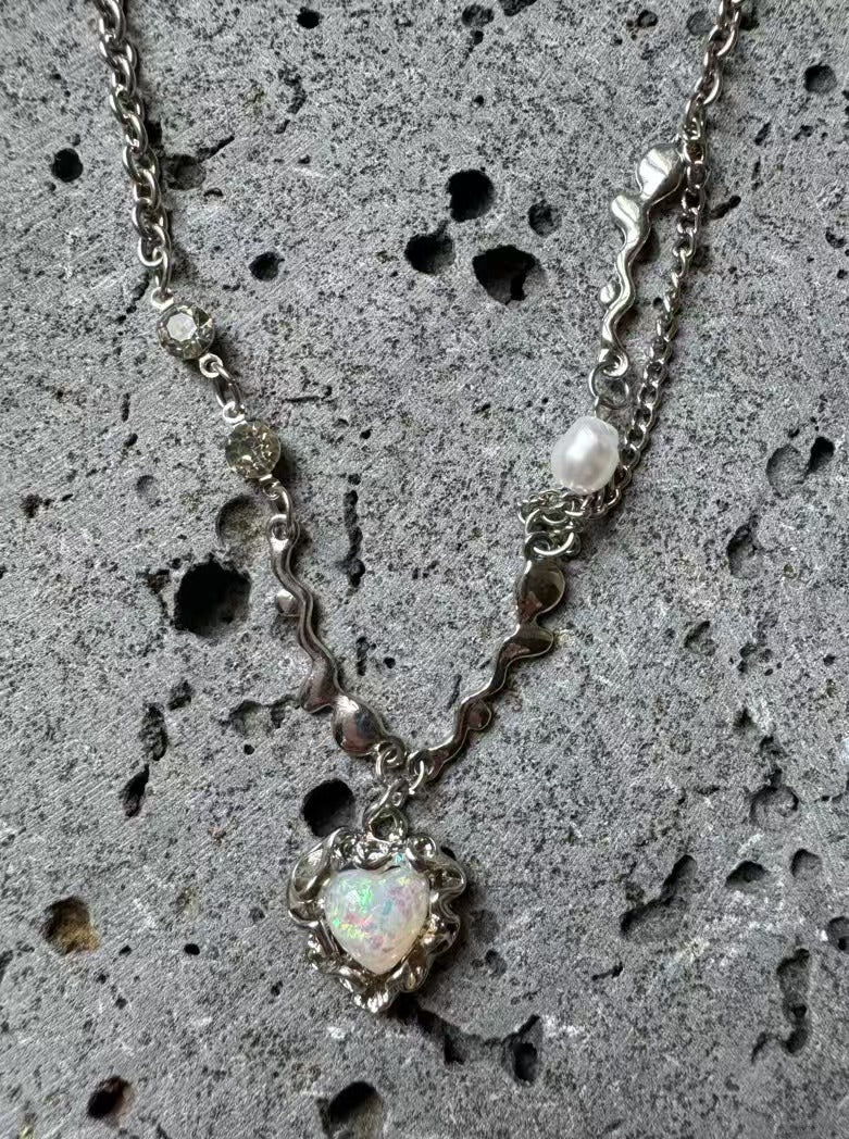 White Opal Heart with Pearl Necklace